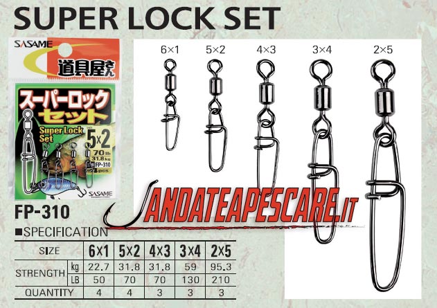 Moschettone con girella Sasame FP-310 SUPER lock SET misure specifiche tenuta e quantità